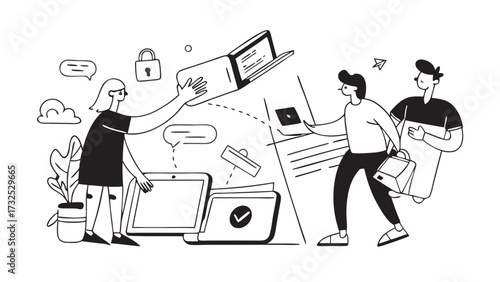 People interacting with digital devices and documents in a modern office setting design drawing on transparent background silhouette