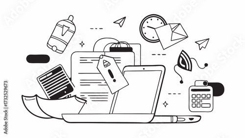 Line drawing of office supplies including a laptop, phone, and paperwork on a white background on transparent background silhouette
