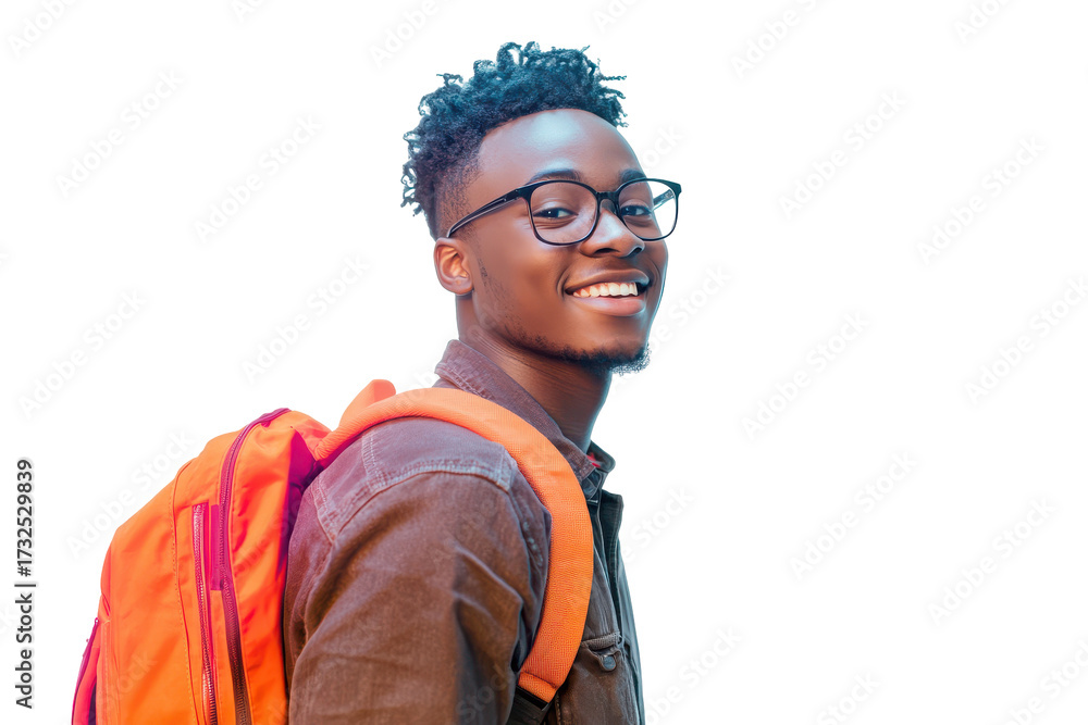 Obraz premium Smiling young man with glasses and backpack isolated on transparent background. Smiling young african college student with books and backpack and wearing glasses isolated on white background.
