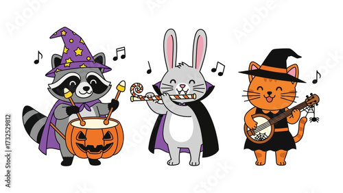 Spooky Halloween Band: A whimsical illustration of three animal musicians, each adorned in festive costumes, delight in Halloween revelry, filled with mirth and musical tunes.