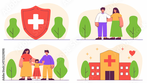 Illustrations showing health insurance family care and hospital with medical symbol protection on transparent background silhouette