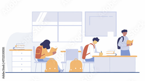 Illustration of students in a classroom setting, reading books and writing at their desks in school on transparent background silhouette