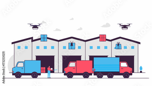 Illustration of warehouses with trucks and drones showing logistics and delivery operations in progress on transparent background silhouette
