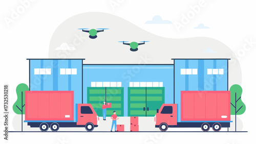 Illustration showing a warehouse with trucks, workers, boxes, and drones for delivery service on transparent background silhouette