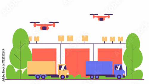 Illustration of warehouse with trucks and drones delivering packages in a modern logistics environment on transparent background silhouette