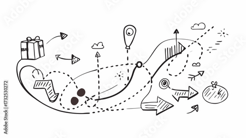 Hand drawn doodle showing arrows gift clouds and a path to a location with dotted lines and solid lines on transparent background silhouette