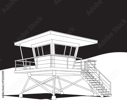 Black and white illustration of modern lifeguard tower with stairs and railings in high contrast setting.