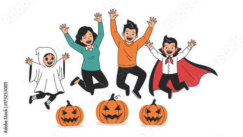 Halloween Fun: A joyful family, adorned in festive Halloween costumes, leaps with glee alongside grinning jack-o'-lanterns, embodying the spirit of spooky celebration.