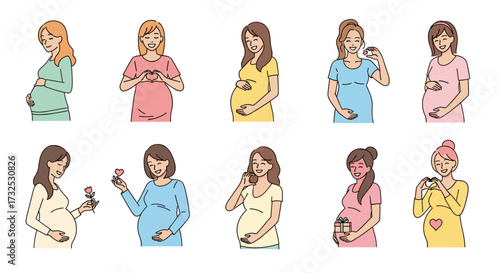 Set of diverse pregnant women characters showing various emotions and activities, hand-drawn vector illustration collection svg isolated on transparent background