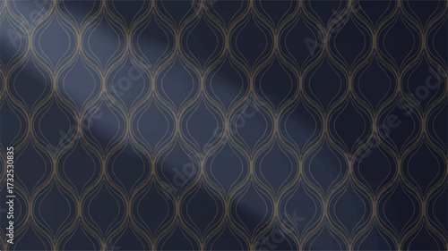 Dark Blue Background with Repeating Golden Art Deco Style Pattern and Soft Light Shadows vector illustration