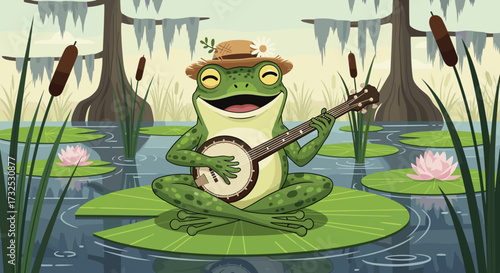 Happy cartoon frog with a straw hat playing banjo music on a lily pad in a swamp setting. SVG vector illustration isolated on transparent background.