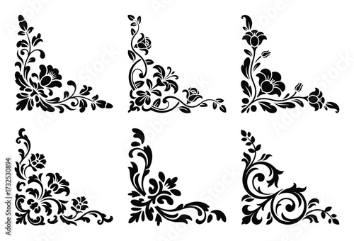 Collection of six ornate floral corner decorations isolated on white background