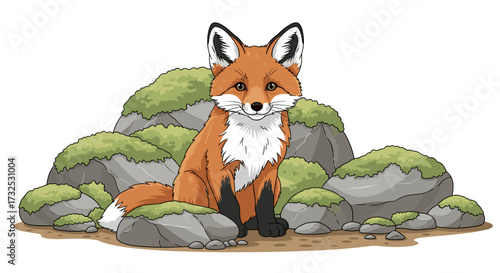 Cute red fox cartoon character sitting among mossy rocks and stones. Detailed animal vector illustration, svg, isolated on transparent background.