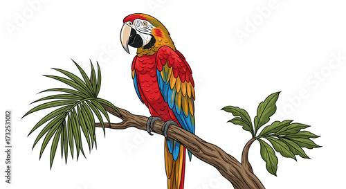 A detailed vector illustration of a vibrant scarlet macaw parrot perched on a tropical jungle branch, an exotic bird svg isolated on transparent background.