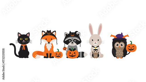 Happy Halloween's Crew: A delightful collection of cute animal characters adorned in festive Halloween costumes, each clutching a jack-o'-lantern, ready for trick-or-treating.