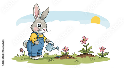 Charming cartoon bunny in denim overalls tending to a flower garden with a watering can, a cute svg vector illustration isolated on transparent background.