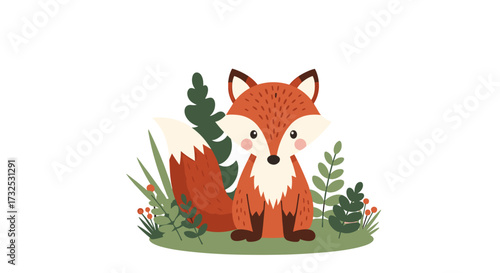 Cute cartoon fox cub sitting in a lush green forest with trees and plants. A charming woodland animal character vector illustration on transparent background.