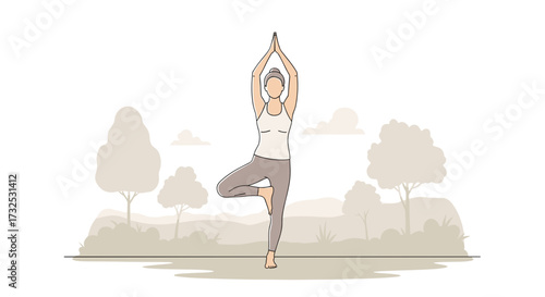 Woman practicing yoga Tree Pose (Vrksasana) for balance and mindfulness outdoors in a peaceful park. Vector illustration svg for wellness concepts.