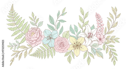 A vintage hand-drawn botanical vector illustration of a floral bouquet with roses, ferns, and wildflowers in a delicate pastel palette, svg isolated art.