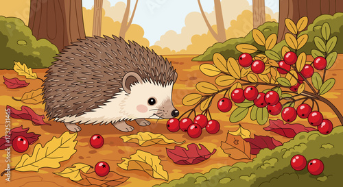 Cute cartoon hedgehog in an autumn forest sniffing red berries on a branch. A charming vector illustration for children's books or seasonal designs. svg