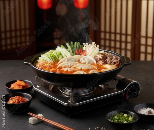 Dumpling Hotpot Mandu Jeongol (만두전골) with Mushrooms and Greens, Portable Burner

