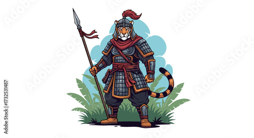 An anthropomorphic tiger warrior in ancient samurai armor holding a spear, a fantasy character svg illustration isolated on transparent background.