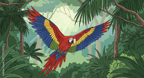 Detailed vector illustration of a majestic scarlet macaw parrot flying through a sunlit tropical rainforest, its vibrant red, blue, and yellow wings open wide.