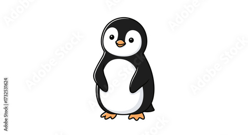 Cute cartoon baby penguin character standing happily. Adorable arctic bird animal vector illustration design element isolated on transparent background. SVG.