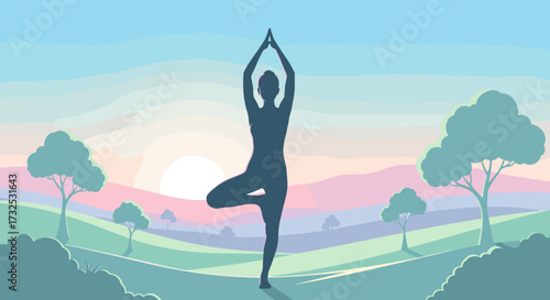 Silhouette of a woman practicing yoga tree pose against a serene sunrise landscape with rolling hills. Vector illustration concept for wellness and health.