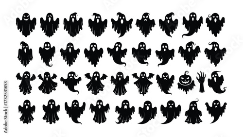 Halloween Ghost Silhouettes: A collection of diverse, silhouetted ghost illustrations, capturing a spooky atmosphere. 