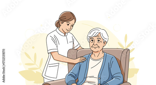Caring female nurse provides support to a senior woman in an armchair. Geriatric healthcare and assisted living concept svg vector illustration isolated.