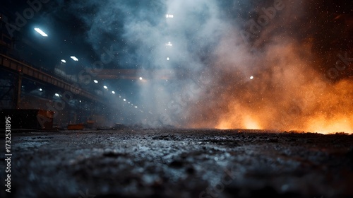 An intense industrial factory interior filled with dramatic smoke flying sparks and the fiery glow of intense heat set against dark atmospheric
