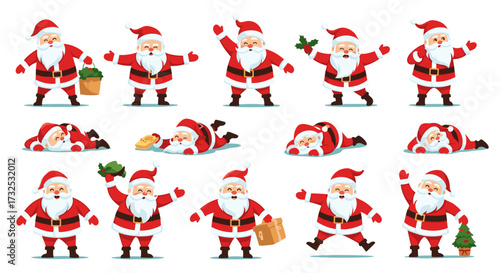 Pixel art Santa Claus character set with various poses for Christmas holiday design, an svg vector illustration isolated on transparent background.