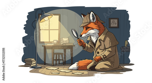 A cartoon fox detective wearing a coat and hat searches for clues with a magnifying glass in a mysterious dark room, svg vector illustration isolated.