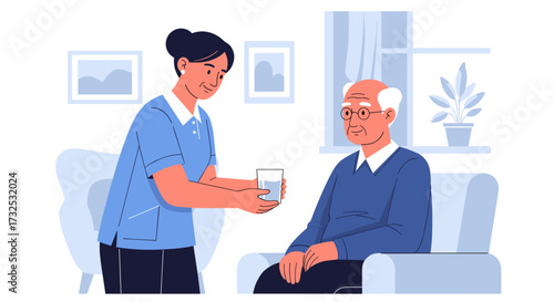 Young nurse helping an elderly man with a glass of water, concept of home care and senior support, svg vector isolated on transparent background.