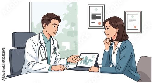 Vector illustration of a doctor explaining medical test results on a tablet to a female patient during a consultation, isolated on transparent background.