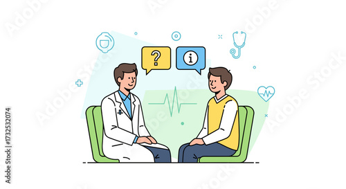 Doctor and patient having a medical consultation in a clinic, with physician answering questions. Modern flat line vector illustration, svg file isolated.