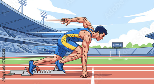 Muscular male sprinter launching from starting blocks on an athletics track in a stadium, preparing for a sprint competition, vector illustration svg.