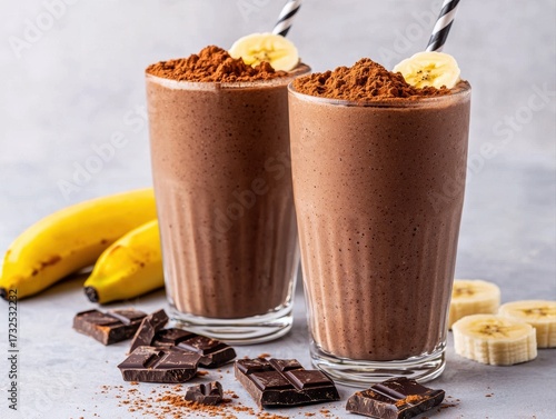 Two delicious chocolate banana smoothies topped with cocoa powder and banana slices, accompanied by fresh bananas and chocolate pieces.