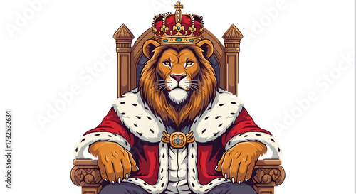 Majestic lion king in royal robes and crown, sitting on an ornate throne as a detailed vector illustration, isolated on a transparent background, premium SVG.