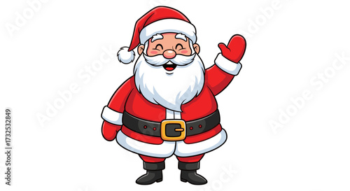 Cheerful Santa Claus character in iconic red suit, smiling and waving for Christmas, festive holiday celebration, full body svg vector illustration isolated on transparent bg.