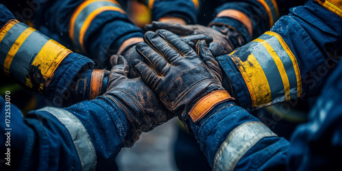 Wallpaper Mural Team of firefighters joining hands in unity and teamwork Torontodigital.ca