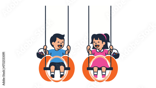 Joyful Swing Set Moments: Capturing the playful essence of two children swinging happily, this vibrant illustration evokes carefree fun and innocence.