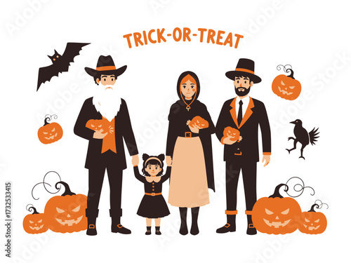 Halloween family ready for Trick-or-Treating: A charming illustration captures the Halloween spirit, showcasing a family dressed up and prepared for an evening of trick-or-treating.