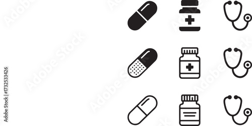 Medical Icons Capsule Pill Bottle Stethoscope Healthcare Symbols medicine drug