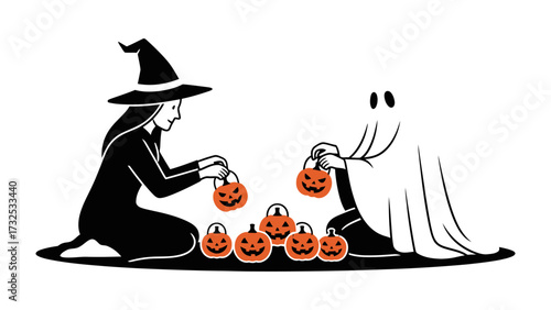 Whimsical Halloween Gathering: A friendly witch and a ghostly companion gather with carved pumpkin treat baskets, evoking the whimsical spirit of Halloween.