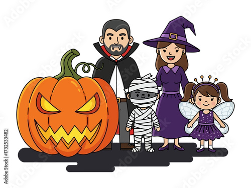 Halloween Family: A cheerful family embraces the Halloween spirit, posing as iconic characters. Featuring a jack-o'-lantern, mummy, witch, and fairy.
