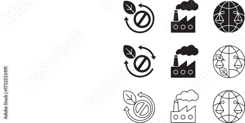Nine environmental and legal icons in solid and outline styles leaf recycle