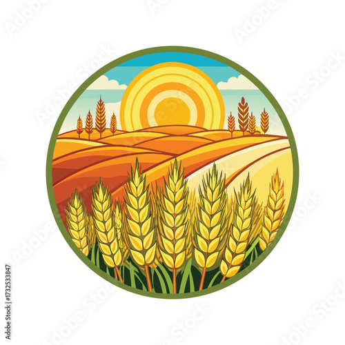 Golden Wheat Field at Sunrise Vector Illustration
