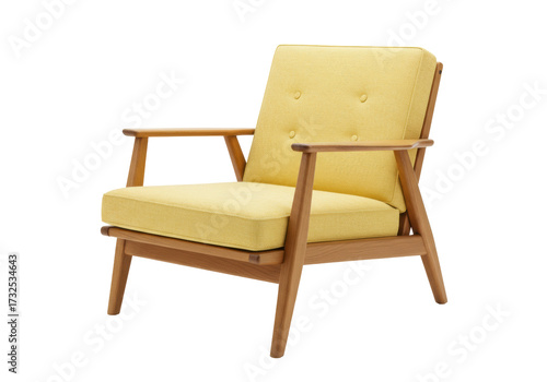 Foto Yellow armchair isolated on white, mid-century modern lounge chair with wooden f